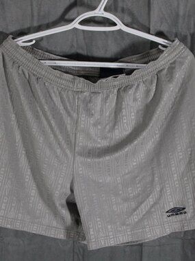 Vintage Soccer Shorts - Grey with Silver Vertical Stripe Pattern - Men's Medium